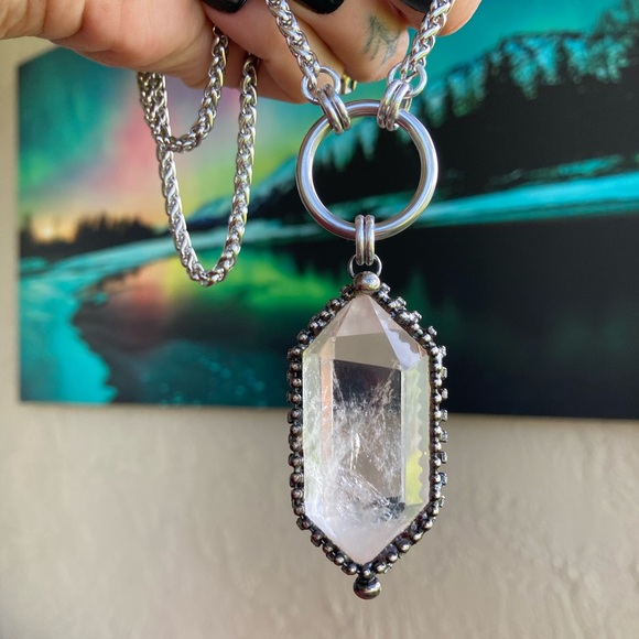 LONG chain BIG 2.5 inch Crystal quartz black electroplated boho goth necklace - Picture 11 of 15